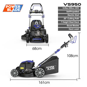 POWERBLADE VS950 20" Self-Propelled Lawn Mower | 200cc | Electric Start | 7-Stage Height | Steel Deck | OHV 4-Stroke Petrol