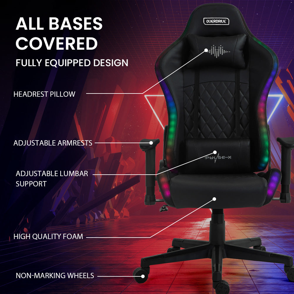 Overdrive Gaming Chair | Bluetooth Speakers, RGB LED Lights, Reclining Game Armchair, Black