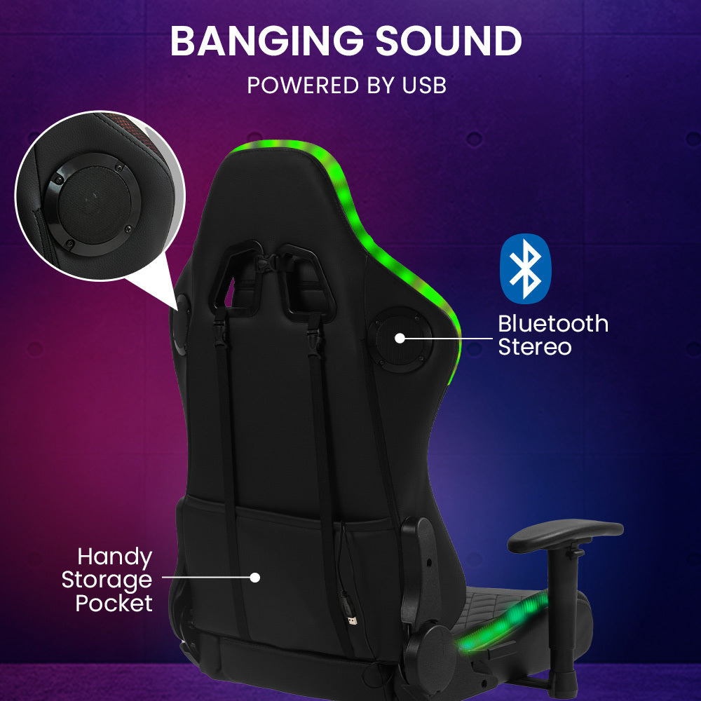 Overdrive Gaming Chair | Bluetooth Speakers, RGB LED Lights, Reclining Game Armchair, Black
