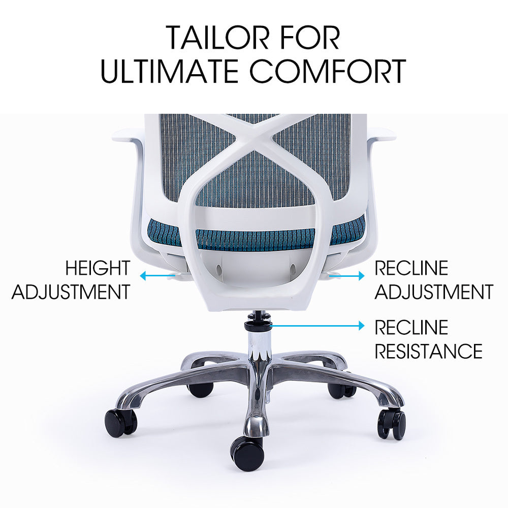 FORTIA Ergonomic Office Chair | Coolmesh Fabric | Adjustable Recline | Blue Mesh/White Frame