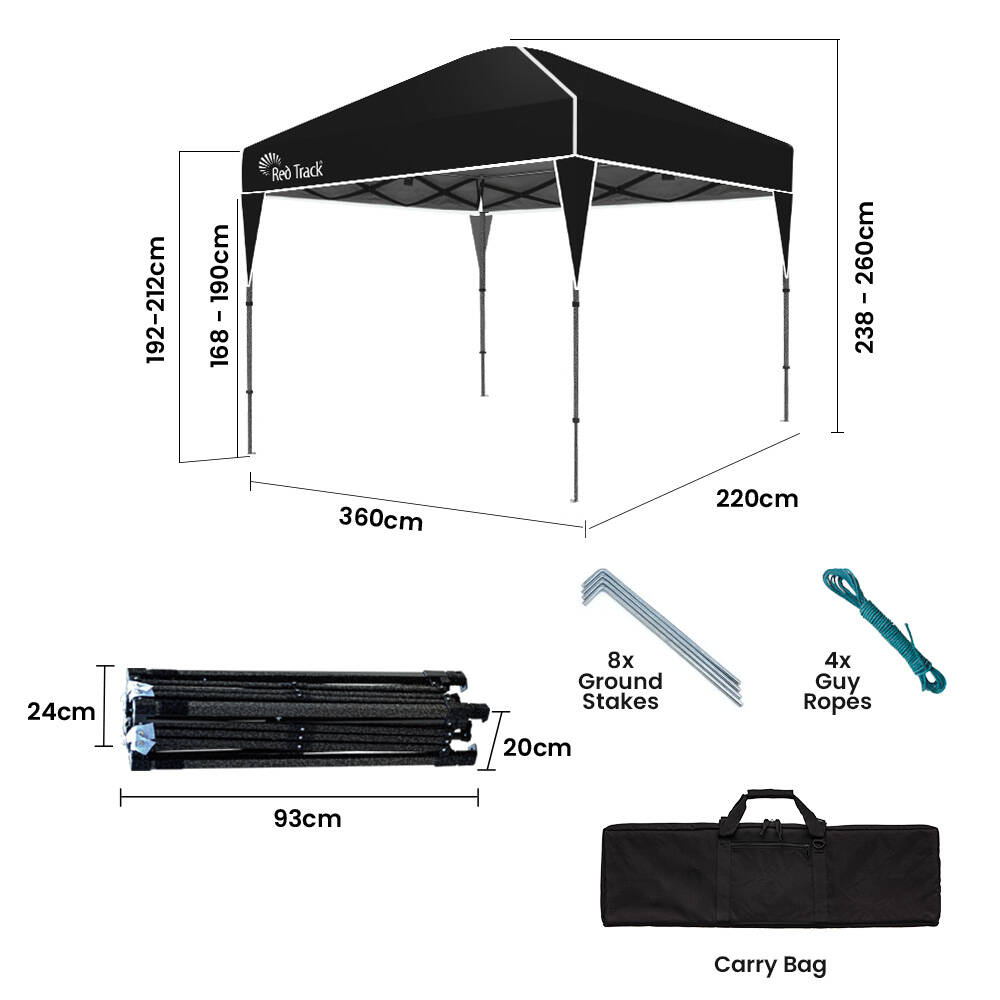 RED TRACK | 3.6x2.2m Ultra Compact Folding Gazebo | Carry Bag | Portable Outdoor Popup Marquee | Camping & Beach | Black
