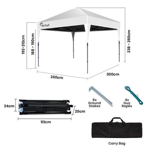 RED TRACK | 3.6x2.2m Ultra Compact Folding Gazebo | Carry Bag | Portable Outdoor Popup Marquee | Camping & Beach | White