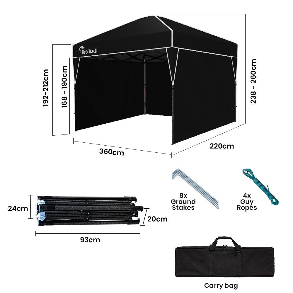 RED TRACK | 3.6x2.2m Ultra Compact Folding Gazebo | Walls & Carry Bag | Portable Outdoor Popup Marquee | Camping & Beach | Black