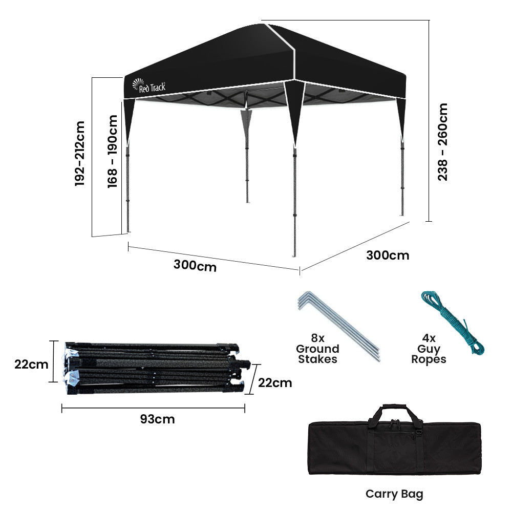 RED TRACK | 3x3m Ultra Compact Folding Gazebo | Carry Bag | Portable Outdoor Popup Marquee | Camping & Beach | Black