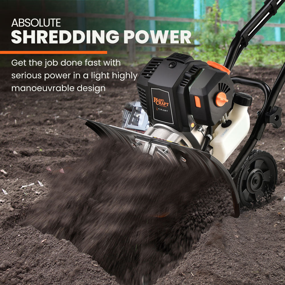 PLANTCRAFT Petrol Garden Cultivator Tiller | 46CC 4-Stroke | 15" Handheld Rototiller | Titan 9
