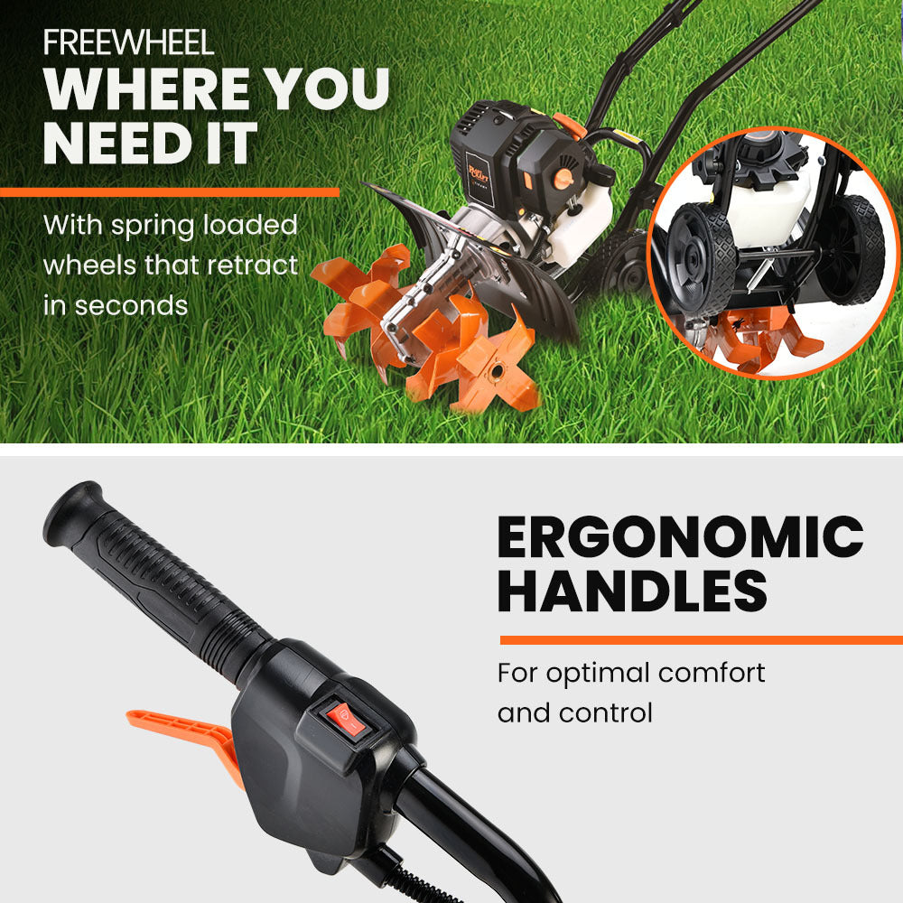 PLANTCRAFT Petrol Garden Cultivator Tiller | 46CC 4-Stroke | 15" Handheld Rototiller | Titan 9