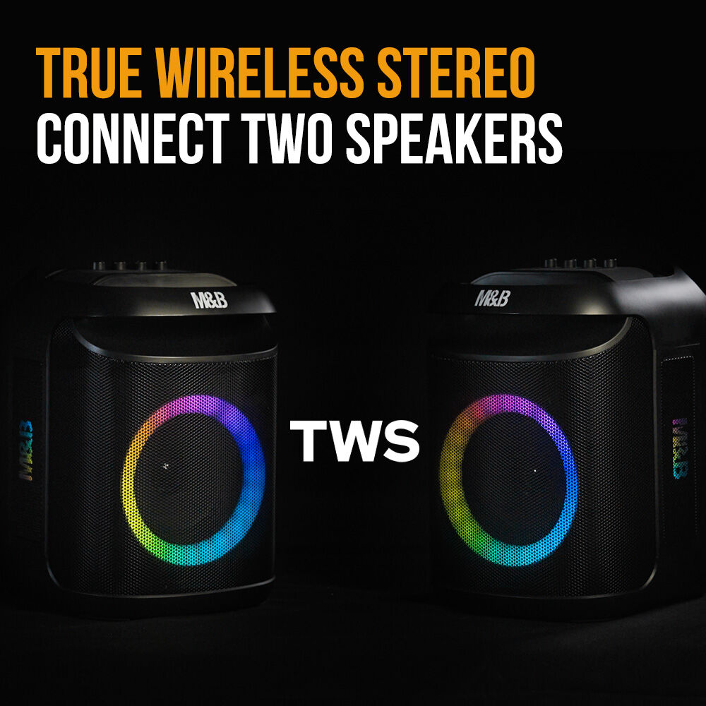 M&B Portable Splash Proof 80W Bluetooth Party Speaker | TWS Pairing, Multi-Input, Lithium Battery, RGB, USB Charging