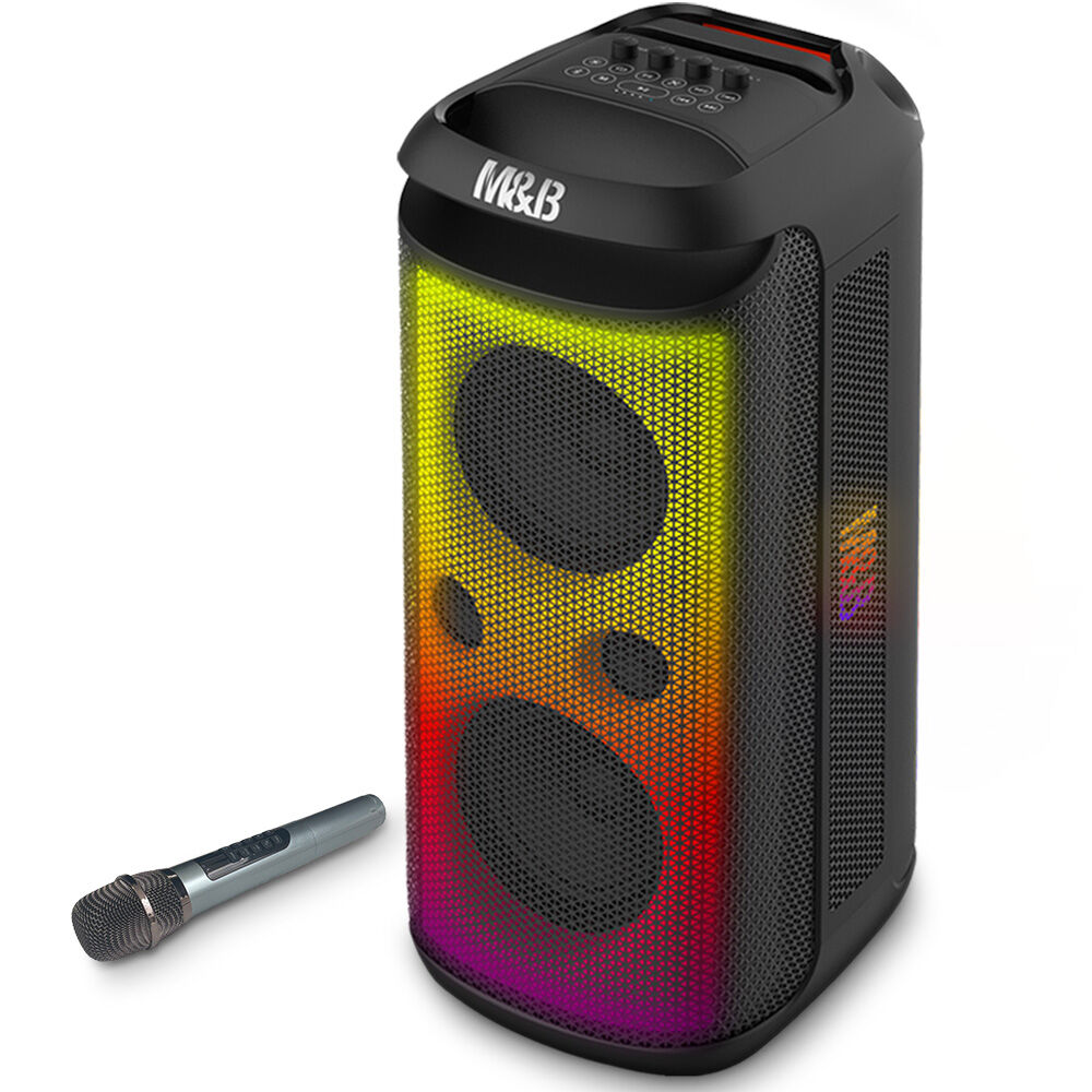 M&B Portable Splash Proof 120W Bluetooth Party Speaker | Karaoke Microphone, IPX4, TWS Pairing, Multi-Input, RGB, USB Charging