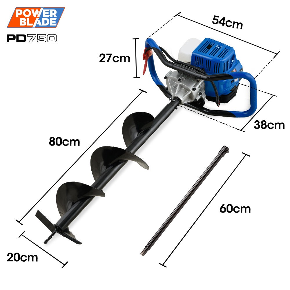POWERBLADE PD750 52cc 2-Stroke Petrol Post Hole Digger | 200mm Auger | 600mm Extension Shaft
