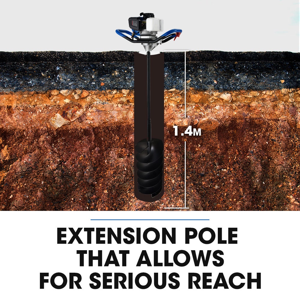 POWERBLADE PD950 52cc 2-Stroke Petrol Post Hole Digger | 3 Auger Bits & 600mm Extension Shaft