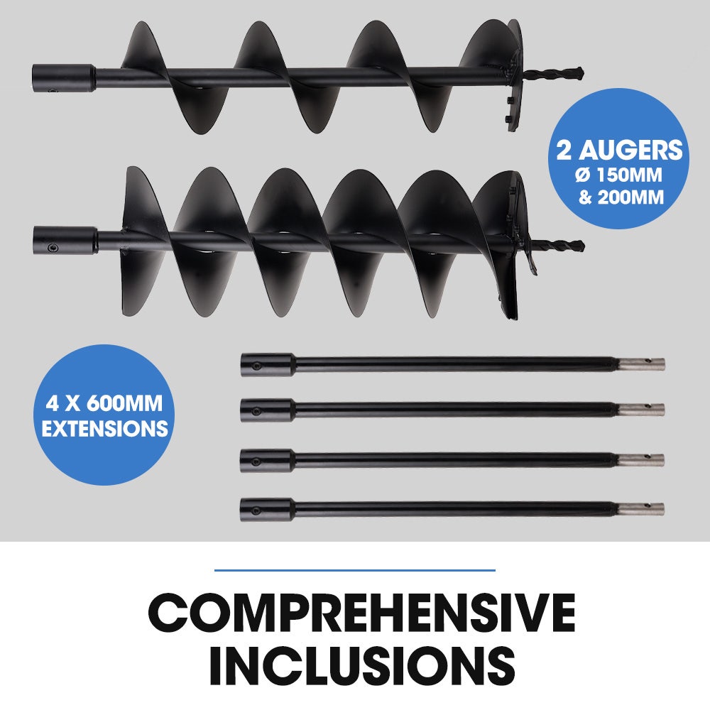 POWERBLADE PD950 52cc 2-Stroke Petrol Post Hole Digger | 3 Auger Bits & 600mm Extension Shaft