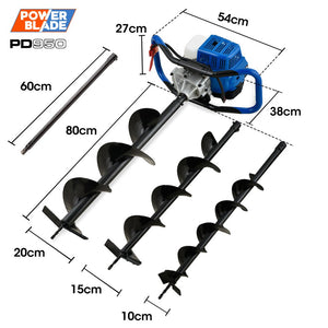 POWERBLADE PD950 52cc 2-Stroke Petrol Post Hole Digger | 3 Auger Bits & 600mm Extension Shaft