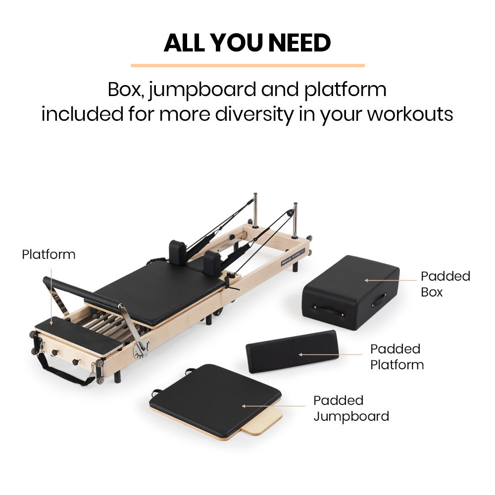 PROFLEX Wooden Pilates Reformer Machine | Stretch Bed with Box & Jump Board Accessories