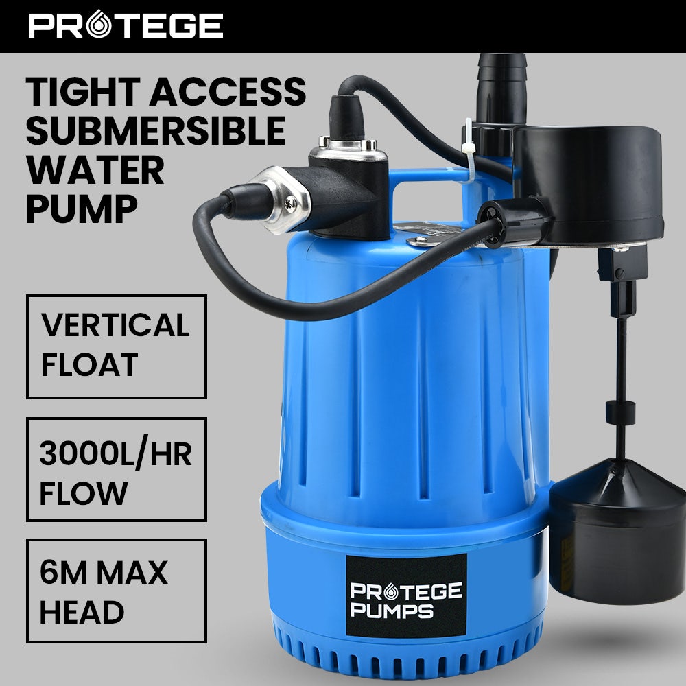 PROTEGE Tight Access Clean/Grey Water Submersible Sump Pump | Vertical Float Switch