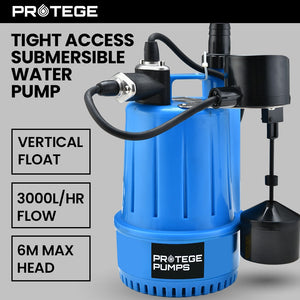 PROTEGE Tight Access Clean/Grey Water Submersible Sump Pump | Vertical Float Switch