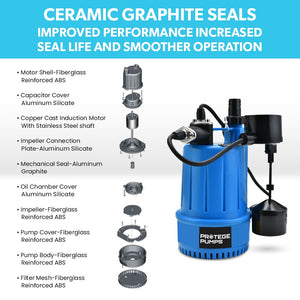 PROTEGE Tight Access Clean/Grey Water Submersible Sump Pump | Vertical Float Switch
