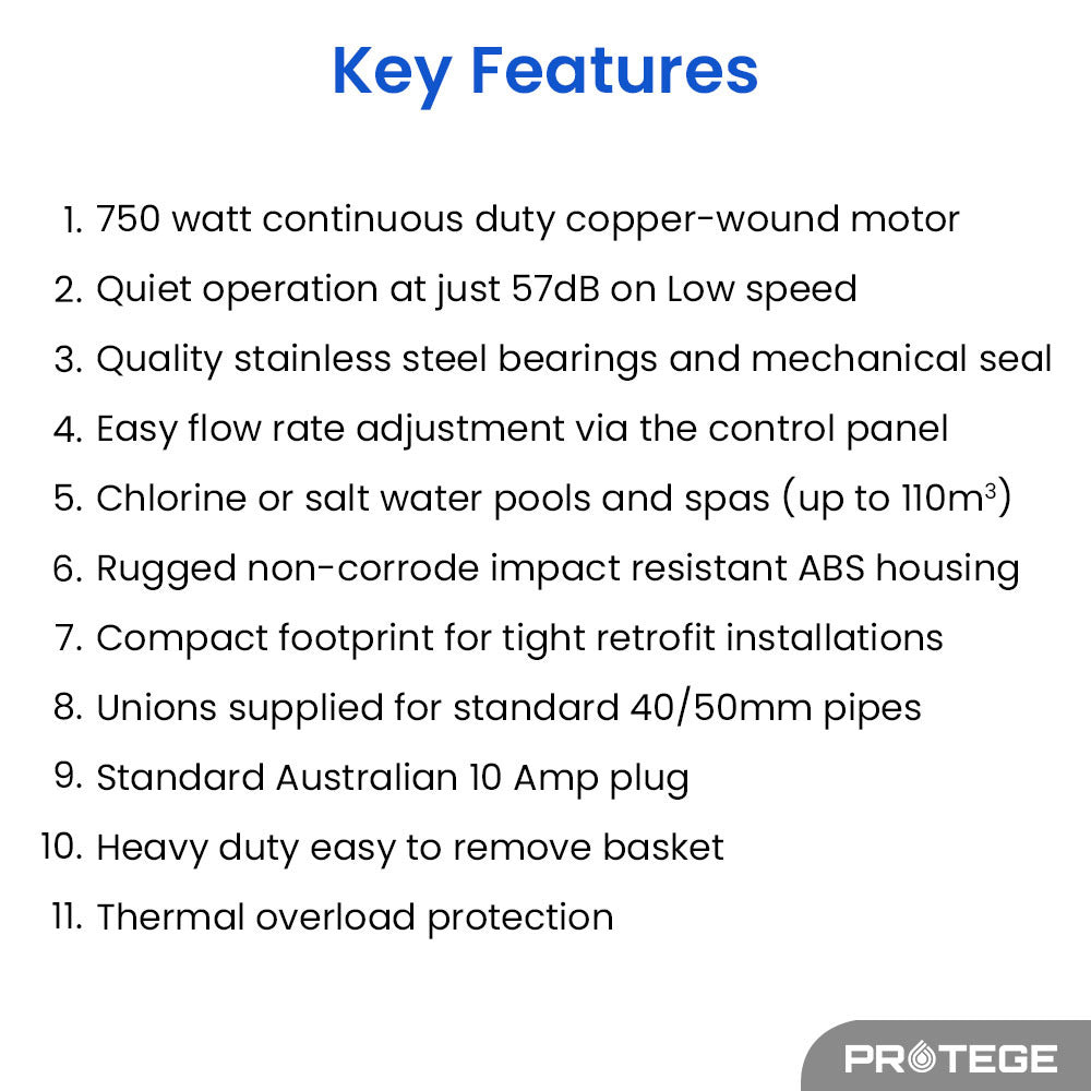 PROTEGE Variable Speed Pool Pump | 1.0HP | 3 Speeds | Quiet & Economical | For Swimming Pool & Spa