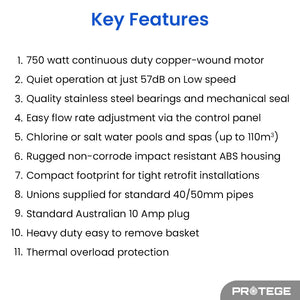 PROTEGE Variable Speed Pool Pump | 1.0HP | 3 Speeds | Quiet & Economical | For Swimming Pool & Spa