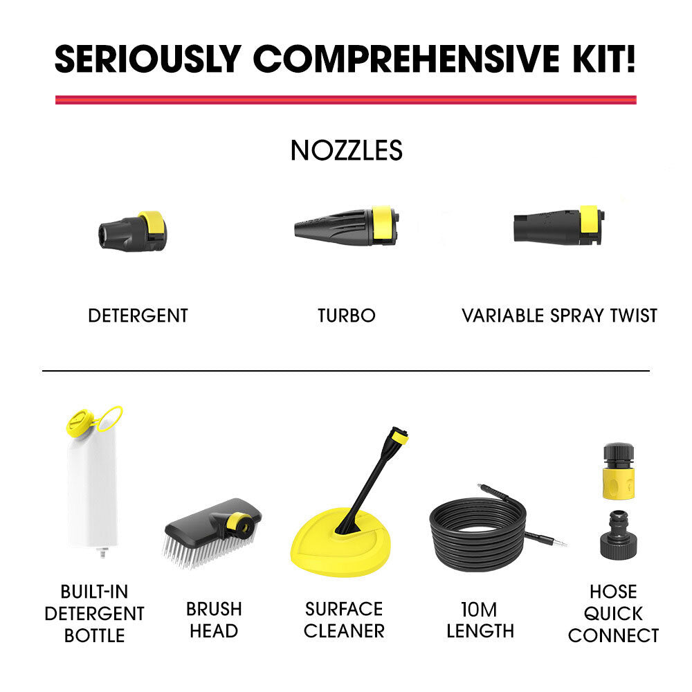 JET-USA RX540 Electric High Pressure Washer | 2800PSI | 2 Nozzles | Brush Head | Deck Cleaner | Detergent Bottle | 10M Hose