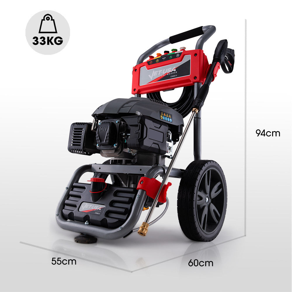 JET-USA Petrol High Pressure Washer | 7HP | 4800PSI | Water Spray Gun | 30M Hose | Drain Cleaner