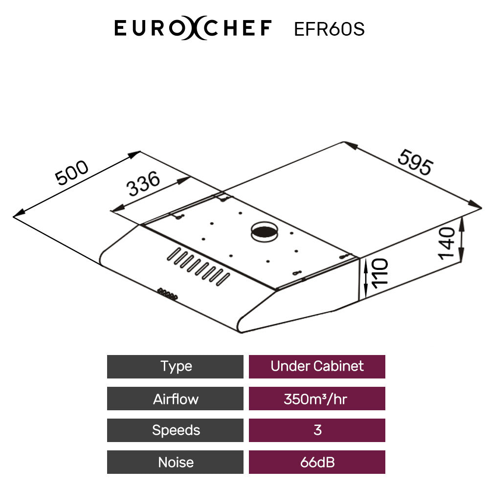 EUROCHEF Fixed Rangehood | 60cm | Stainless Steel | 3-Speed | Halogen Lights | EFR60S