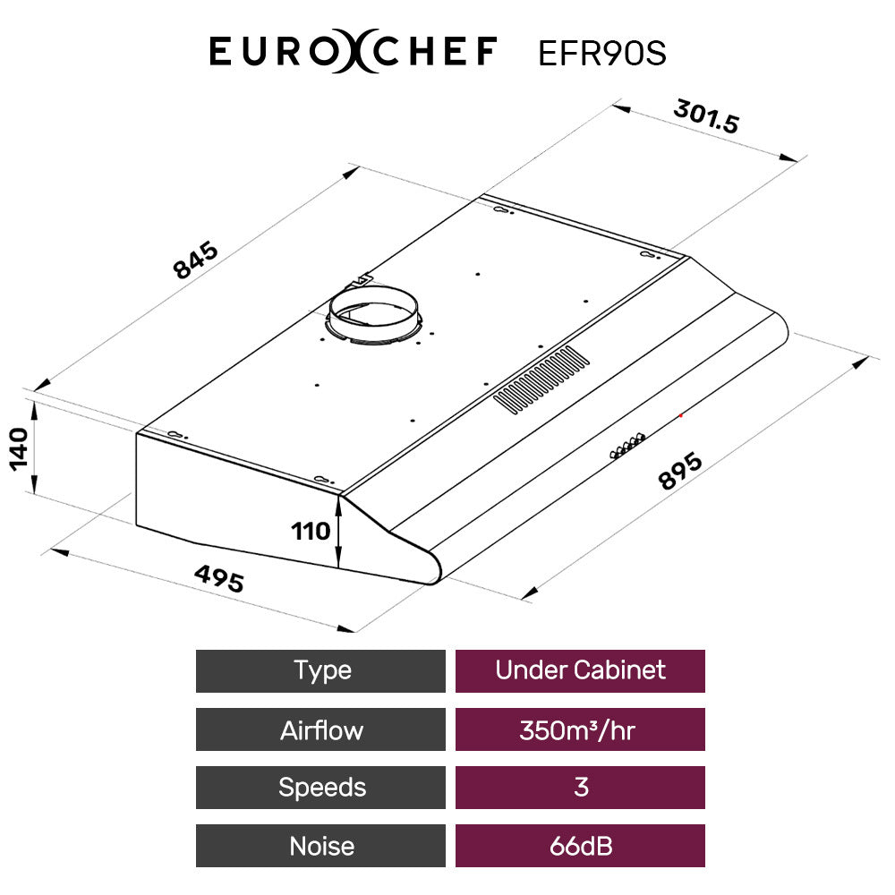 EUROCHEF Fixed Rangehood | 90cm | Stainless Steel | 3-Speed | Halogen Lights | EFR90S