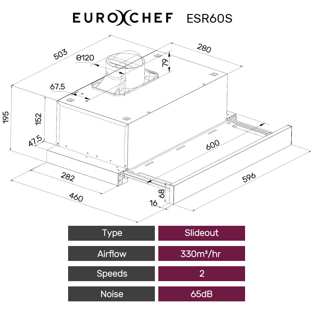 EUROCHEF Slideout Rangehood | 60cm | Stainless Steel | 2-Speed | Halogen Lights | ESR60S