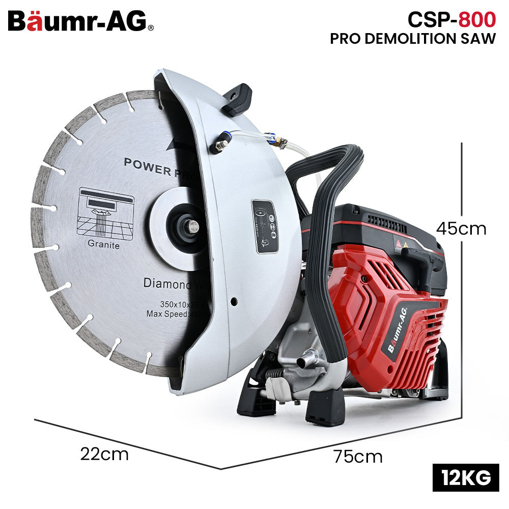 BAUMR-AG 350mm Concrete Demolition Saw | 74cc 2-Stroke | 14" Diamond Blade | Wet & Dry Cutting | Anti-Vibration System