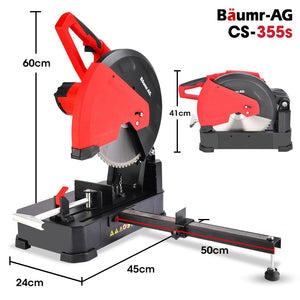 Baumr-AG 2400W Metal Cut Off Cold Saw | 355mm (14") Blade | Low Spark Ceramic Alloy | Soft Start | 45° Mitre Chop Cutting | Measurement Scale