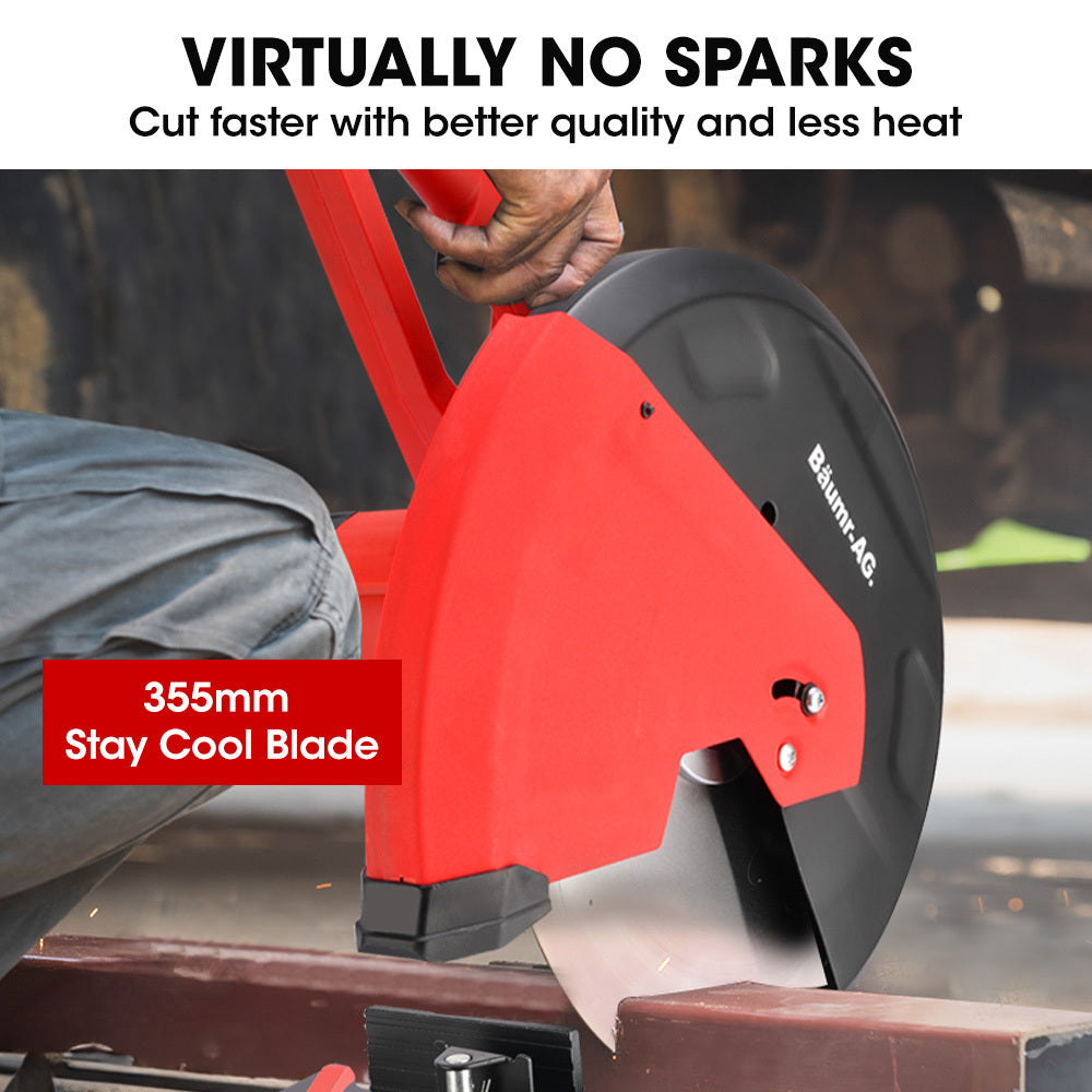 Baumr-AG 2400W Metal Cut Off Cold Saw | 355mm (14") Blade | Low Spark Ceramic Alloy | Soft Start | 45° Mitre Chop Cutting | Measurement Scale