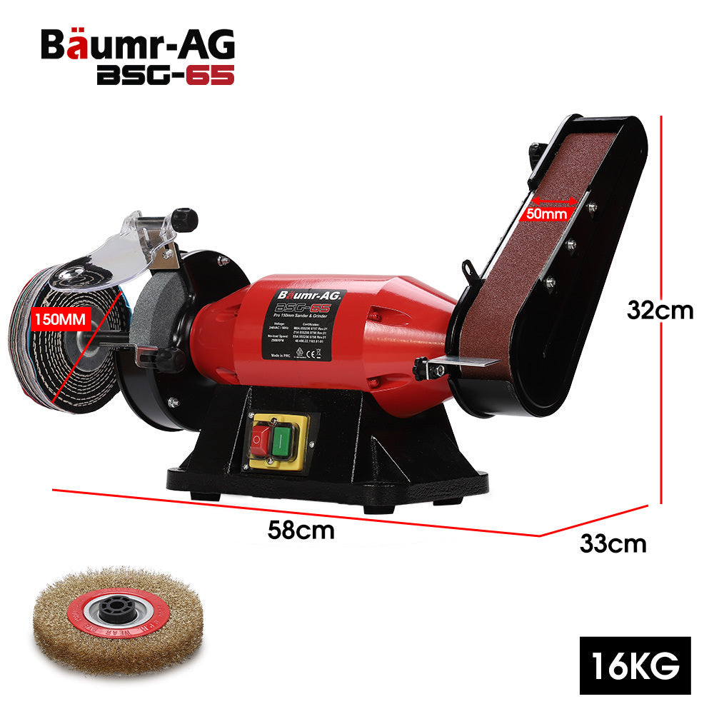 BAUMR-AG Bench Grinder Sander & Polisher Combo | 150mm Grinding Wheel | 50mm Linisher | 520W Brushless Motor | Wire & Buffing Wheels