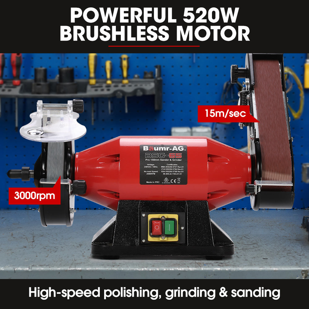 BAUMR-AG Bench Grinder Sander & Polisher Combo | 150mm Grinding Wheel | 50mm Linisher | 520W Brushless Motor | Wire & Buffing Wheels