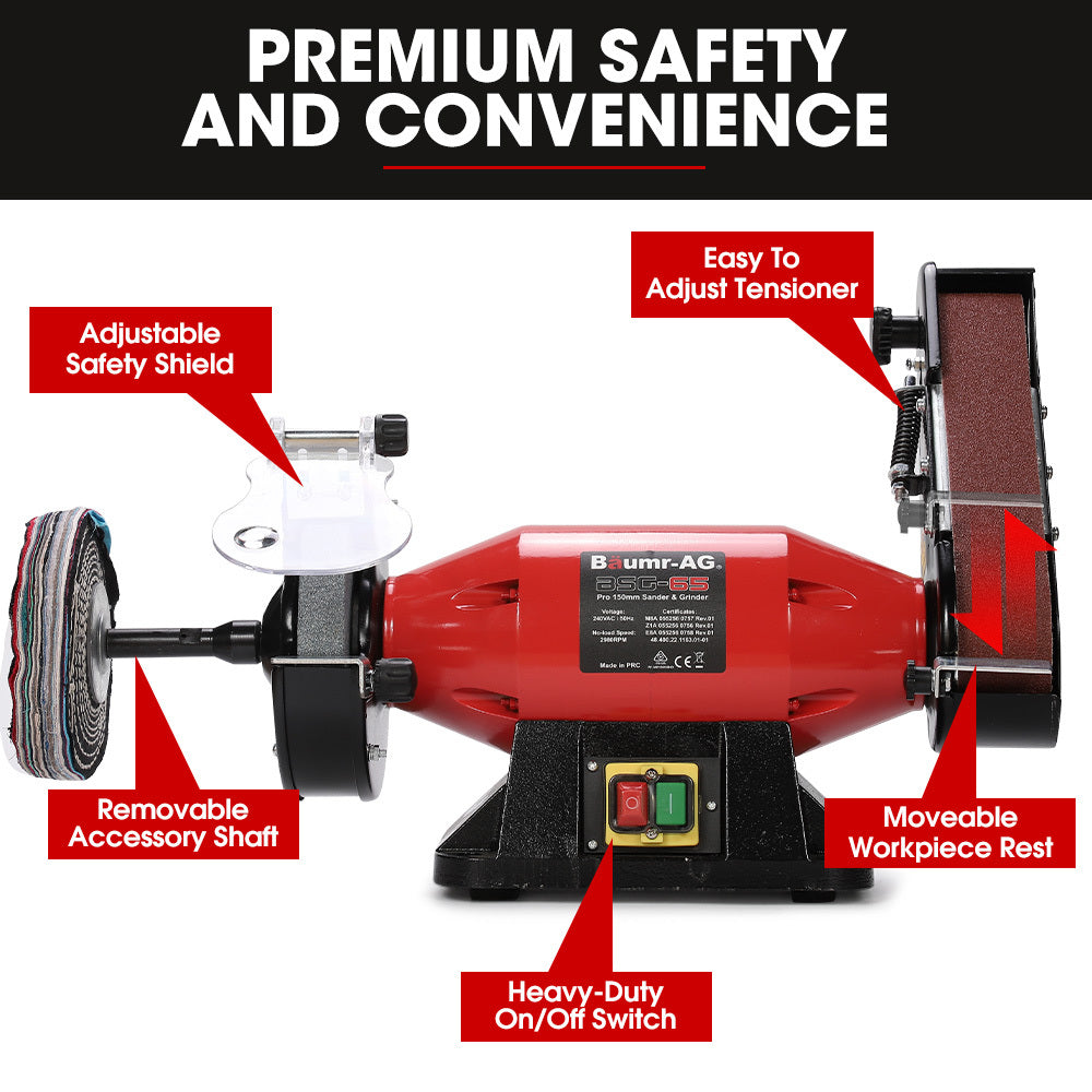 BAUMR-AG Bench Grinder Sander & Polisher Combo | 150mm Grinding Wheel | 50mm Linisher | 520W Brushless Motor | Wire & Buffing Wheels