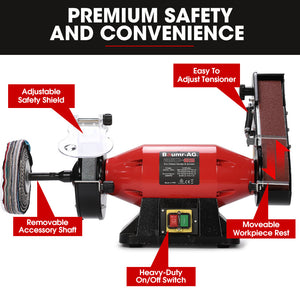 BAUMR-AG Bench Grinder Sander & Polisher Combo | 150mm Grinding Wheel | 50mm Linisher | 520W Brushless Motor | Wire & Buffing Wheels