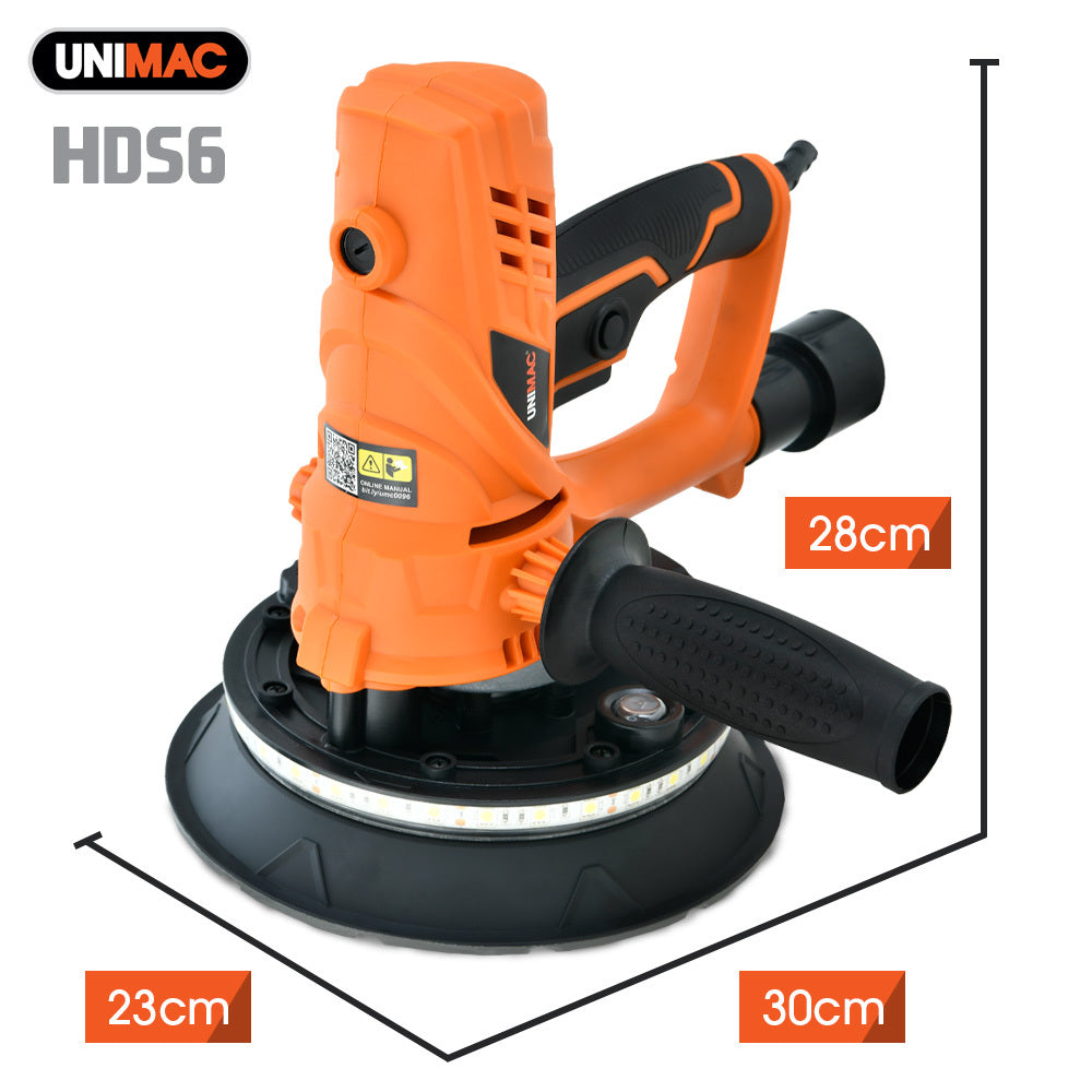 UNIMAC 180mm Handheld Drywall Sander | 850W Electric | Auto Vacuum System | LED Worklight | 6x Sanding Discs