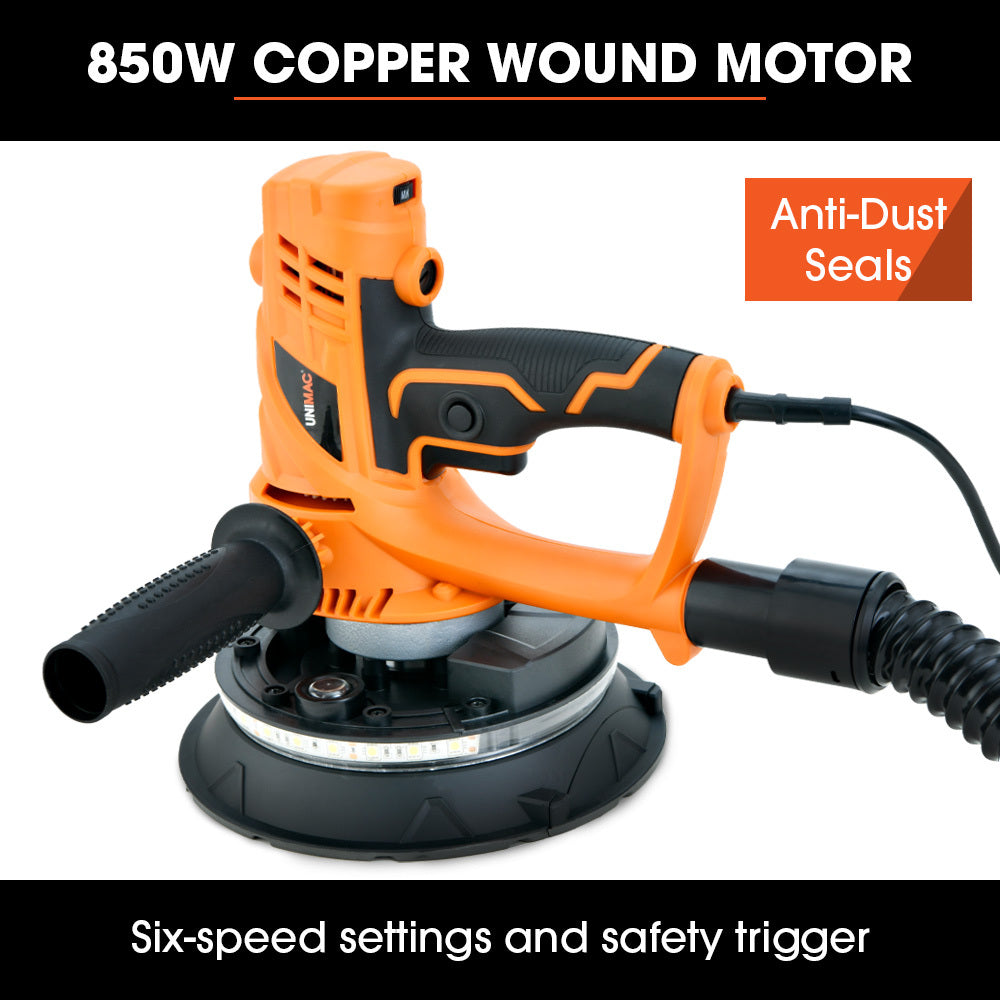 UNIMAC 180mm Handheld Drywall Sander | 850W Electric | Auto Vacuum System | LED Worklight | 6x Sanding Discs