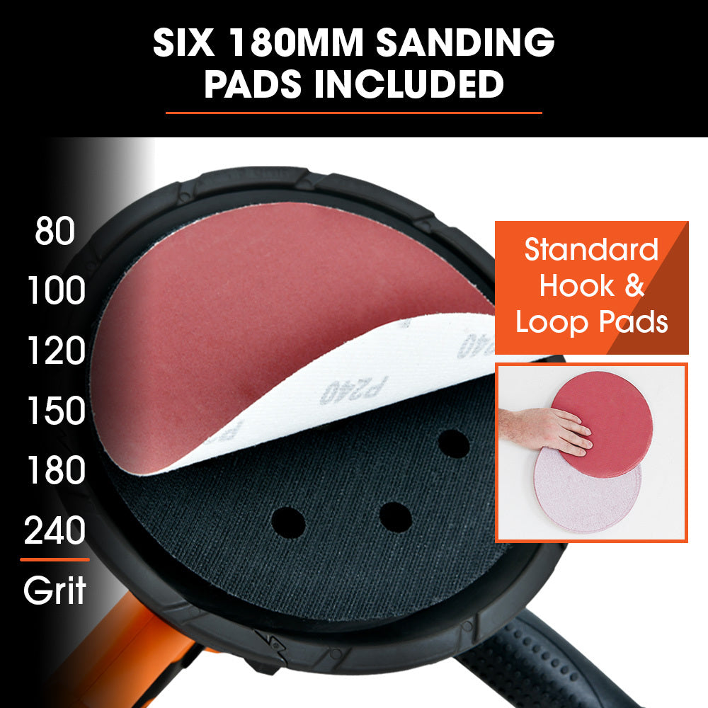 UNIMAC 180mm Handheld Drywall Sander | 850W Electric | Auto Vacuum System | LED Worklight | 6x Sanding Discs