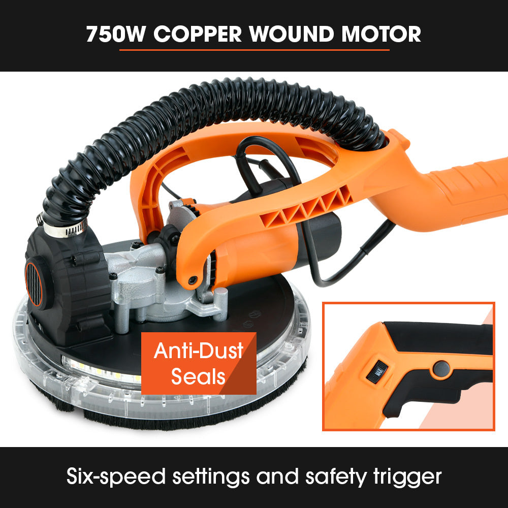 UNIMAC 225mm Long Reach Drywall Sander Kit | 750W Telescopic Foldable | Vacuum System | LED Worklight | 6x Sanding Discs