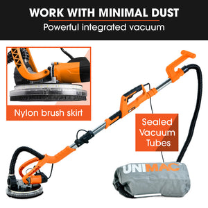 UNIMAC 225mm Long Reach Drywall Sander Kit | 750W Telescopic Foldable | Vacuum System | LED Worklight | 6x Sanding Discs