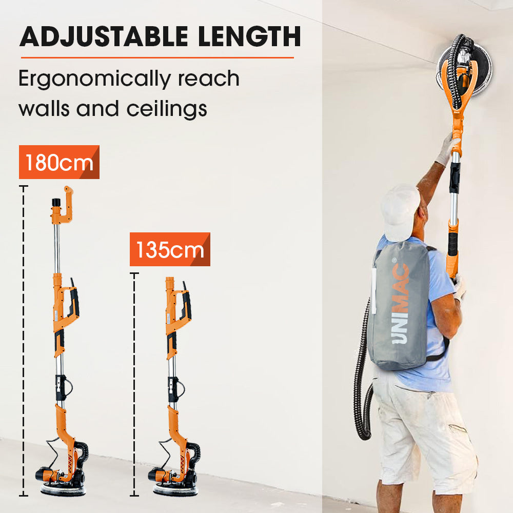 UNIMAC 225mm Long Reach Drywall Sander Kit | 750W Telescopic Foldable | Vacuum System | LED Worklight | 6x Sanding Discs