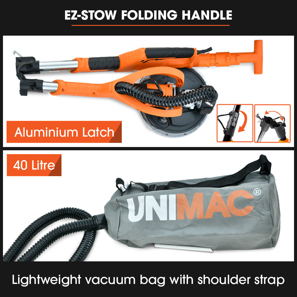 UNIMAC 225mm Long Reach Drywall Sander Kit | 750W Telescopic Foldable | Vacuum System | LED Worklight | 6x Sanding Discs