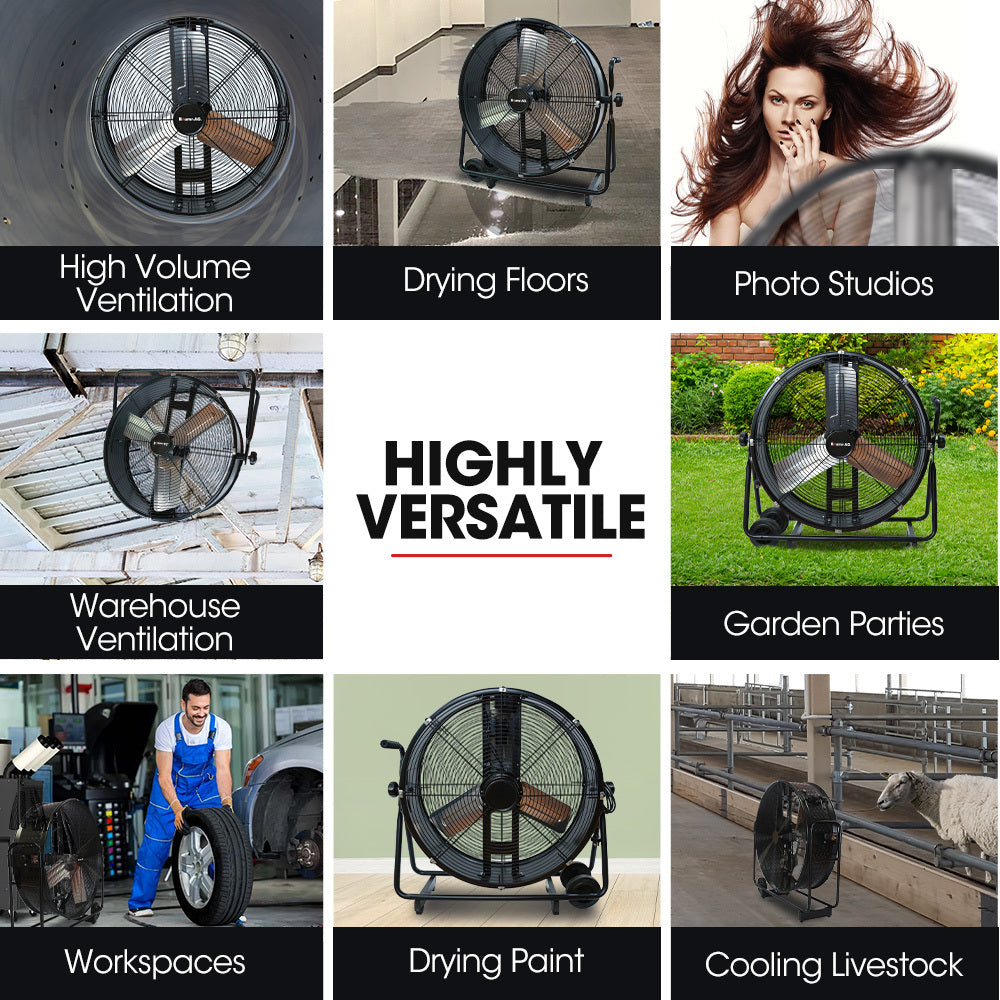 BAUMR-AG Industrial Mobile Floor Drum Fan | 24" 610mm | 260W | Tilting | Heavy-Duty Frame | Commercial | EESS Certified