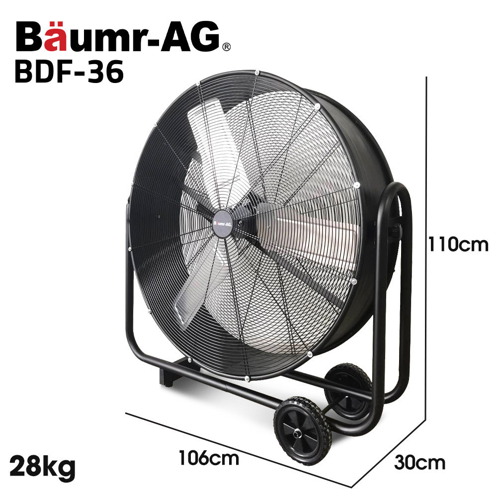 BAUMR-AG Industrial Mobile Floor Drum Fan | 36" 914mm | 290W | Brushless Motor | Tilting | Heavy-Duty | EESS Certified