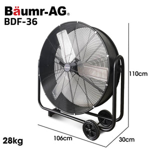BAUMR-AG Industrial Mobile Floor Drum Fan | 36" 914mm | 290W | Brushless Motor | Tilting | Heavy-Duty | EESS Certified