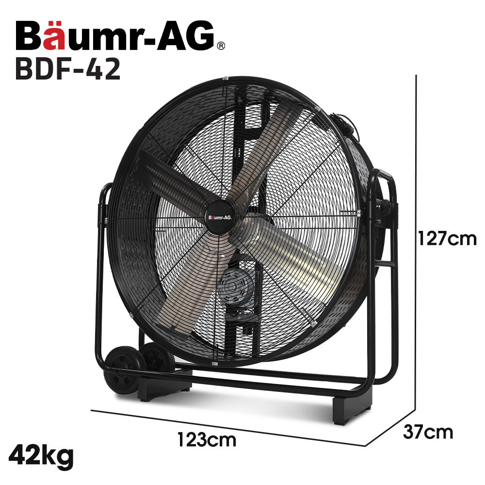 BAUMR-AG Industrial Mobile Floor Drum Fan | 42" 1067mm | 660W | Belt Drive | Tilting | Heavy-Duty | EESS Certified