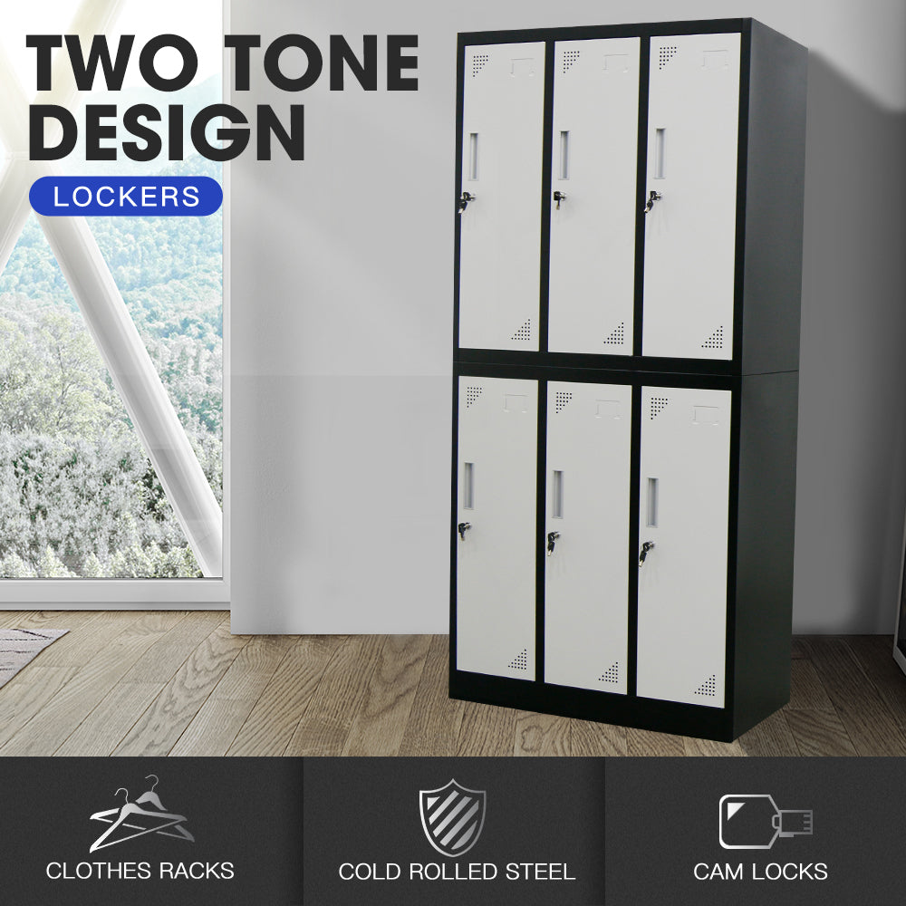Fortia 6-Door Metal Storage Cabinet | Lockers for Gym & Office, Black and Grey