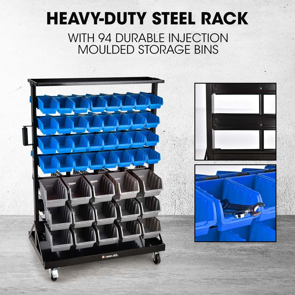 Baumr-AG | Storage Bin Rack | 94 Parts | Mobile Double-Sided Organizer | Blue