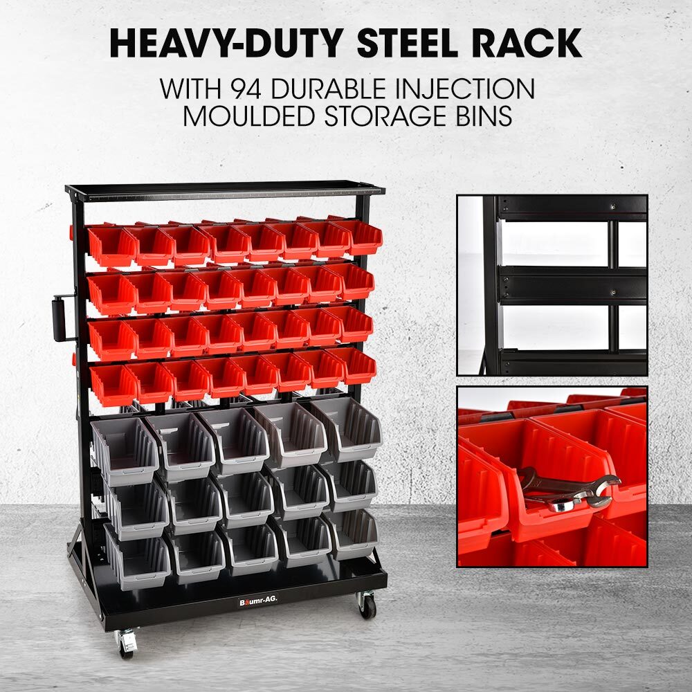 Baumr-AG | Storage Bin Rack | 94 Parts | Mobile Double-Sided Organizer | Red