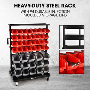 Baumr-AG | Storage Bin Rack | 94 Parts | Mobile Double-Sided Organizer | Red