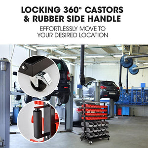 Baumr-AG | Storage Bin Rack | 94 Parts | Mobile Double-Sided Organizer | Red